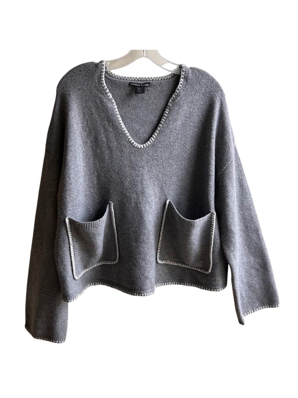Christian Lacroix Wool Blend V-Neck Long Sleeve Sweater Pockets Medium